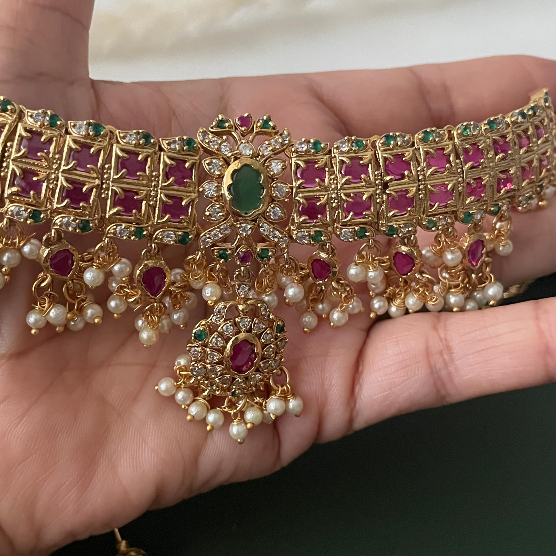 Kemp Stone Gold Plated Necklace Set: Ruby Green Haaram, South Indian Jewelry