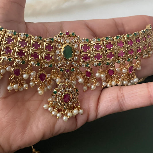 Kemp Stone Gold Plated Necklace Set: Ruby Green Haaram, South Indian Jewelry