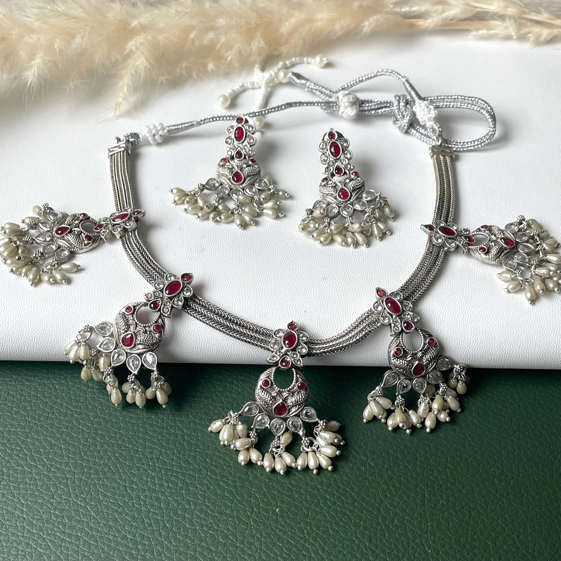 Kemp Stone Silver Necklace Set: Ruby & Pearl Temple Jewelry
