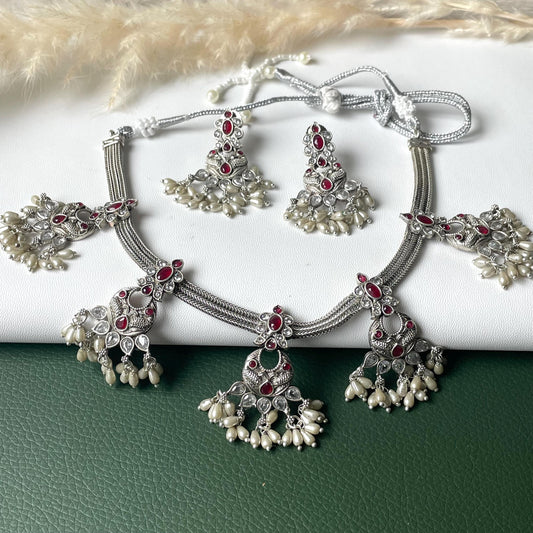 Kemp Stone Silver Necklace Set: Ruby & Pearl Temple Jewelry