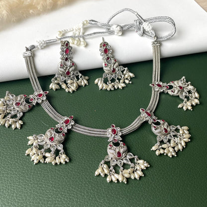 Kemp Stone Silver Necklace Set: Ruby & Pearl Temple Jewelry