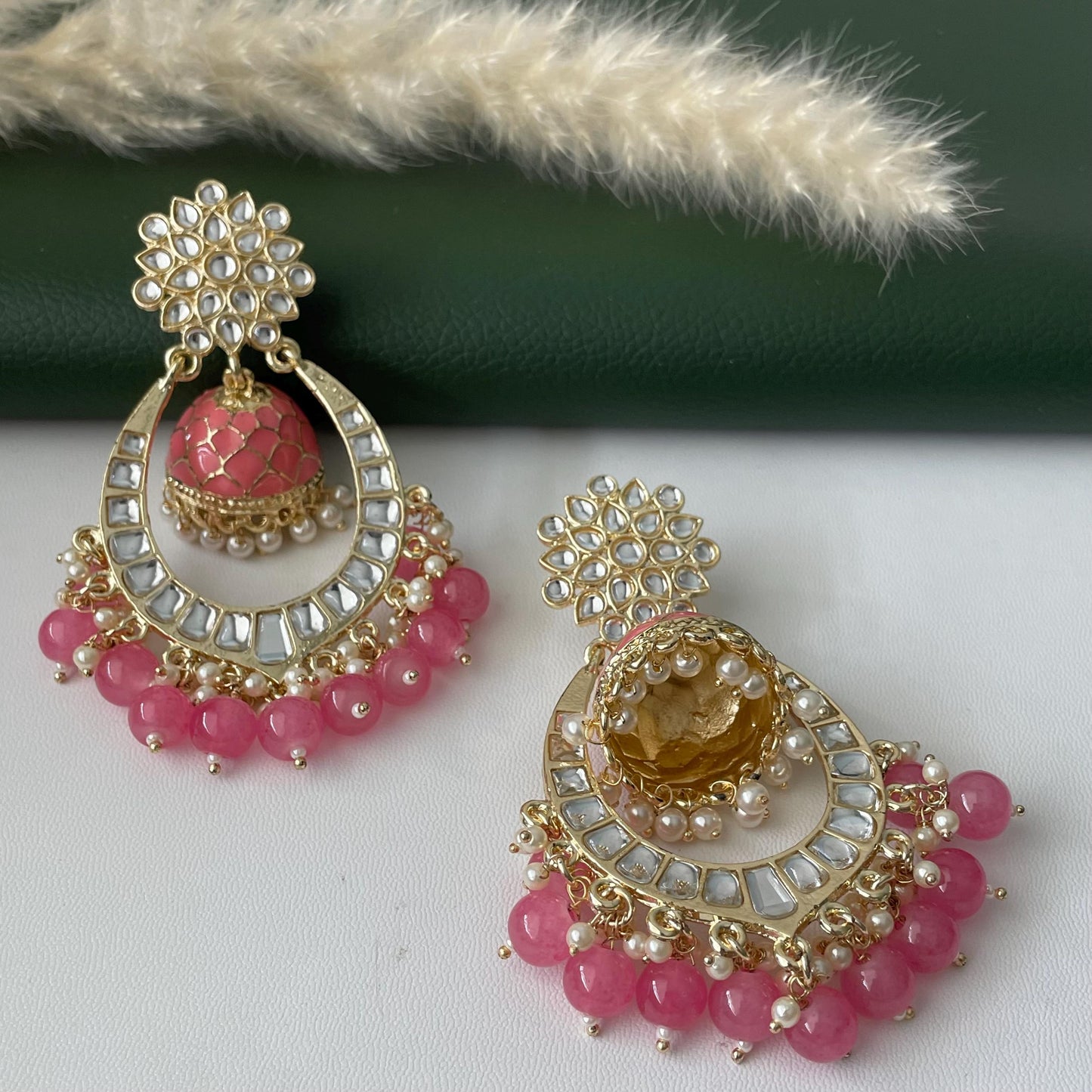 Pink Minakari Pearl Jhumka Earrings: Indian Bollywood Jewelry