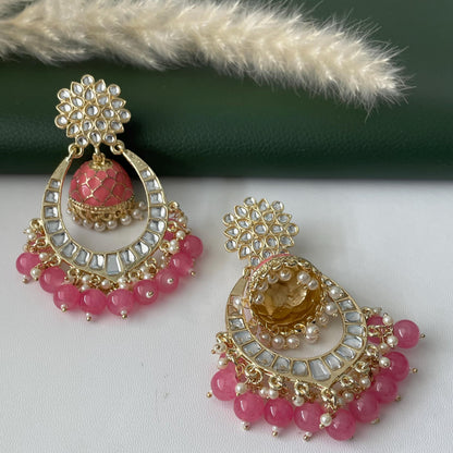 Pink Minakari Pearl Jhumka Earrings: Indian Bollywood Jewelry