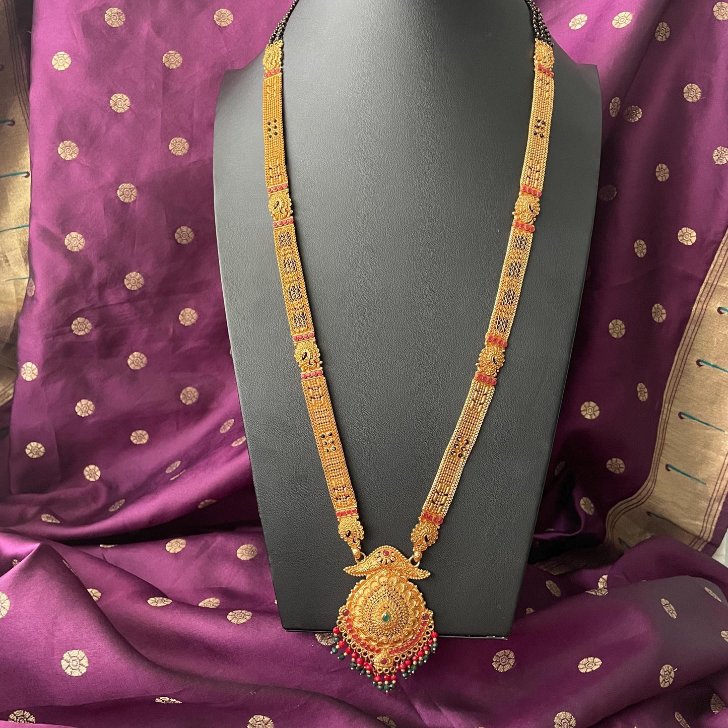 Gold Plated Mangalsutra Necklace: Black Beads, Saree Jewelry