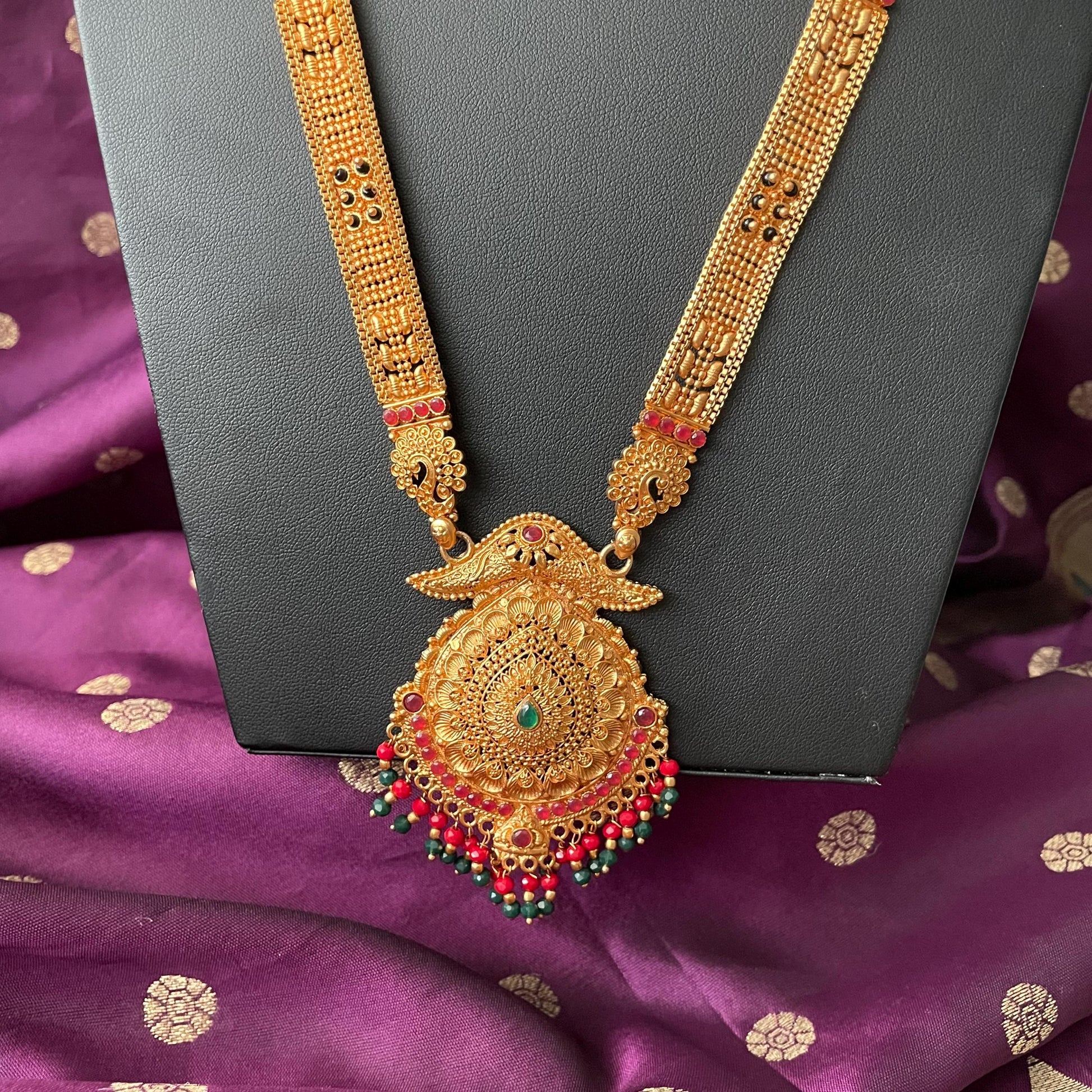 Gold Plated Mangalsutra Necklace: Black Beads, Saree Jewelry