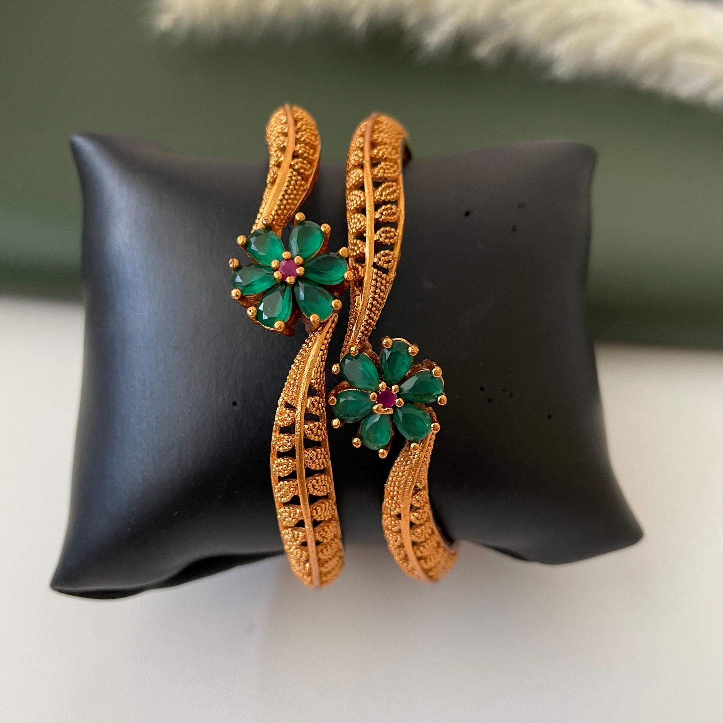 Antique Gold Plated Bangles: Red & Green Flower Lightweight Tode