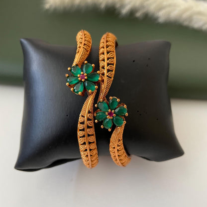Antique Gold Plated Bangles: Red & Green Flower Lightweight Tode