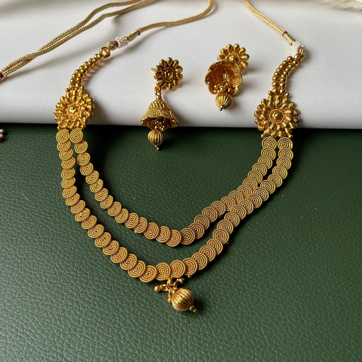 Traditional long gold plated necklace with jhumkis