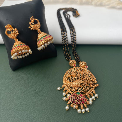 Restocked : Gold plated temple themed mangalsutra, black beaded ethnic necklace with jhumkis