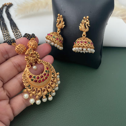 Restocked : Gold plated temple themed mangalsutra, black beaded ethnic necklace with jhumkis
