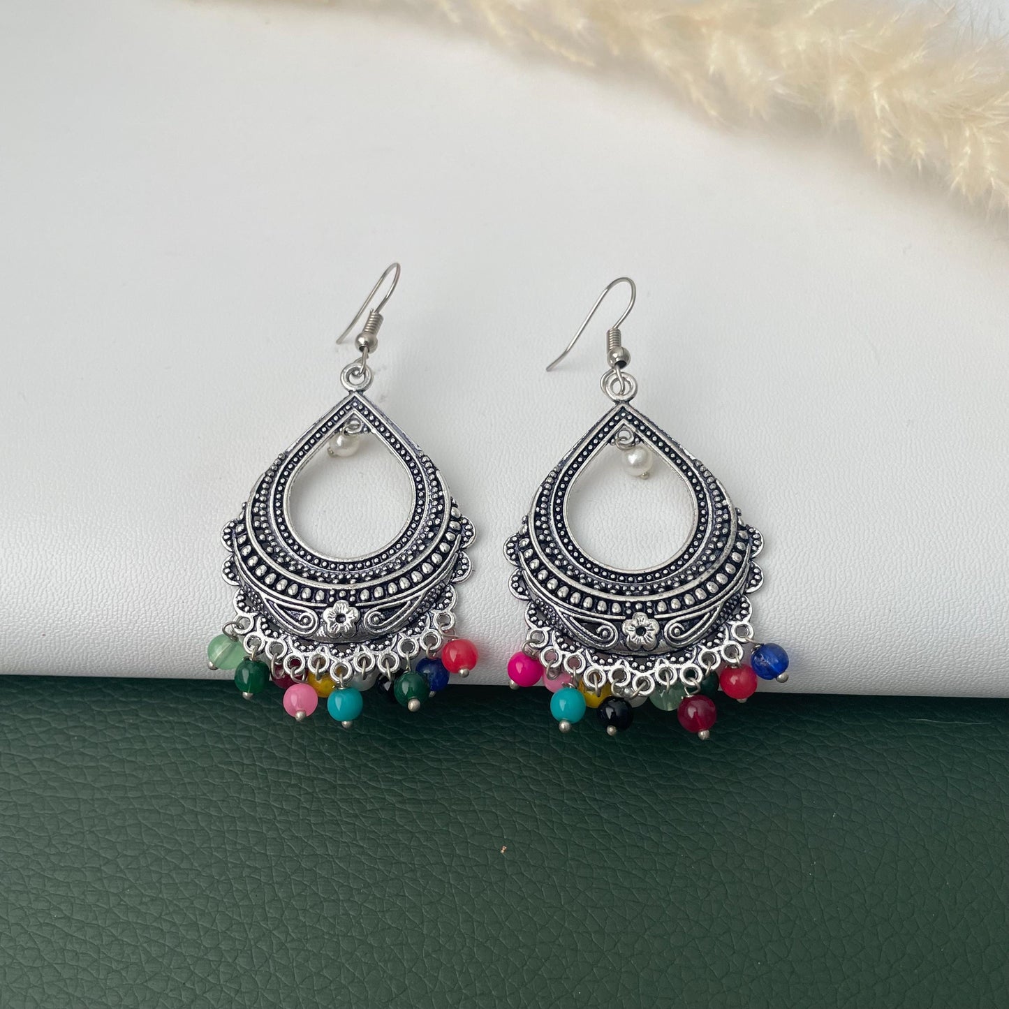 Oxidised colorful beads dangling earrings