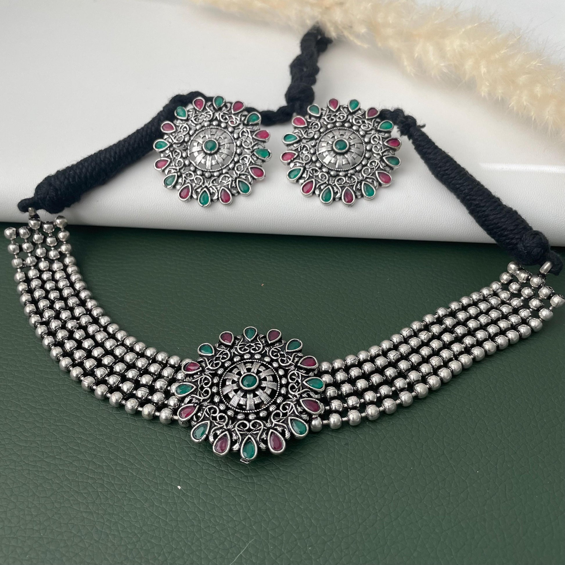 Oxidized Kolhapuri Choker Necklace with Stud Earrings: Adjustable Indian Jewelry