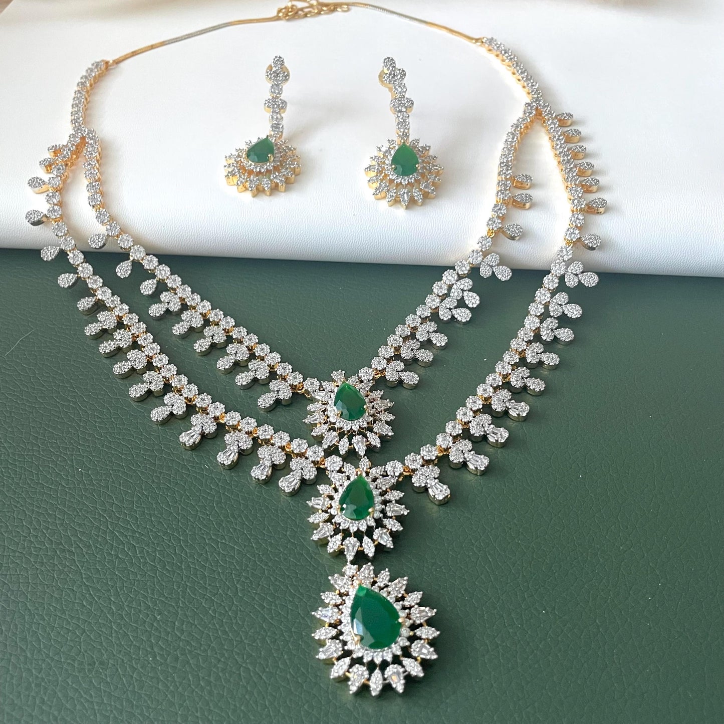 Emerald Cubic Zirconia Bridal Necklace Set: Two-Tone Plated Jewelry