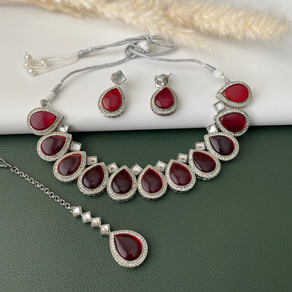 Maroon color kundan and AD necklace set with Maang tika Diwali party wear