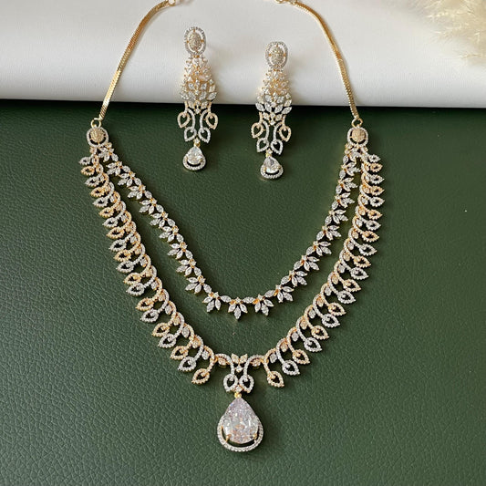 Cubic Zirconia collar necklace set: Two-Tone Gold Plated American Diamond bridal necklace