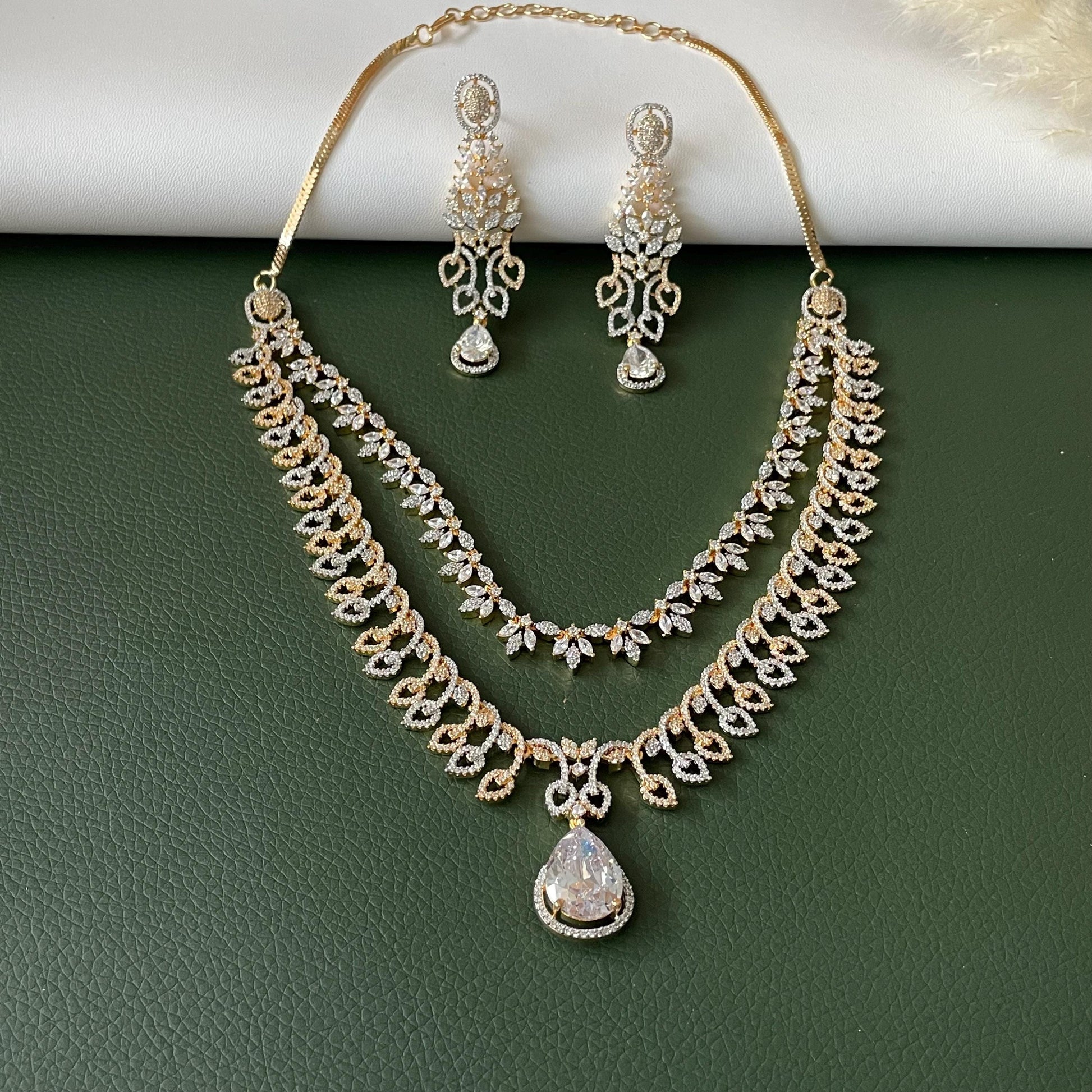 Cubic Zirconia collar necklace set: Two-Tone Gold Plated American Diamond bridal necklace