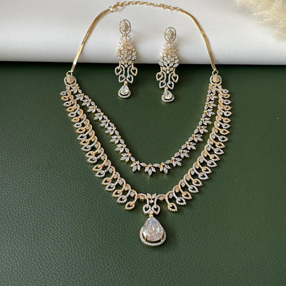 Cubic Zirconia collar necklace set: Two-Tone Gold Plated American Diamond bridal necklace