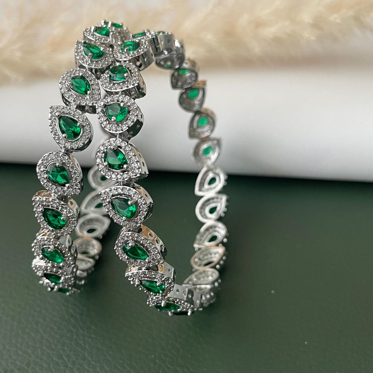 Rhodium Plated emerald and Cubic Zirconia Bangles Set of 2