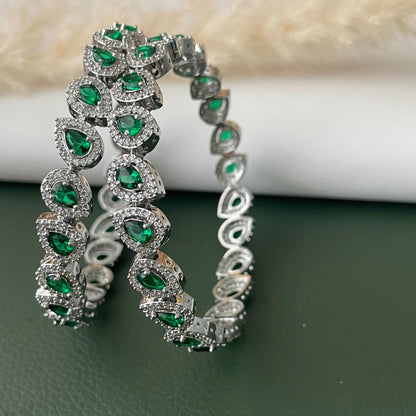 Rhodium Plated emerald and Cubic Zirconia Bangles Set of 2