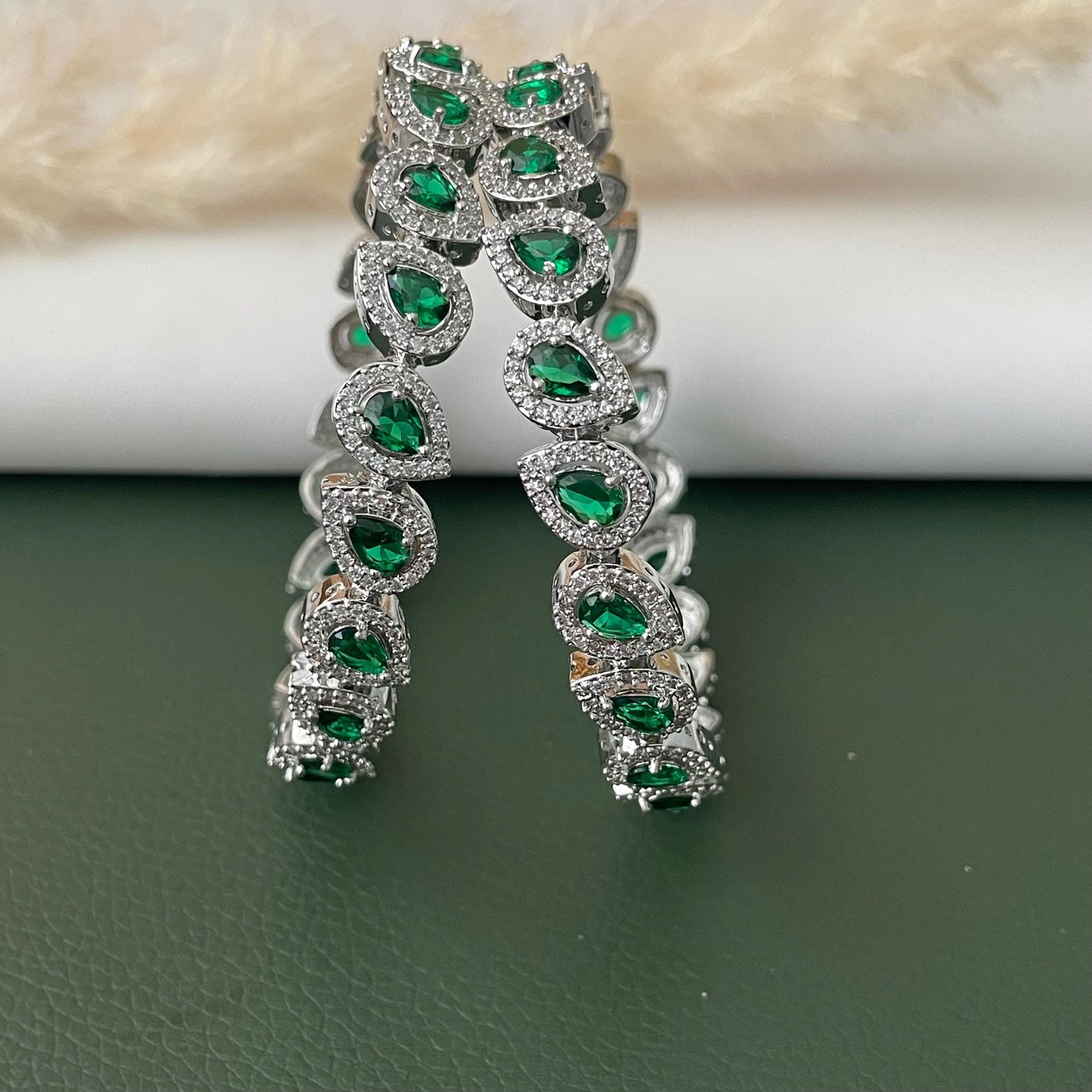 Rhodium Plated emerald and Cubic Zirconia Bangles Set of 2