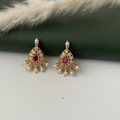 Maharashtrian Kudi Earrings: Ruby, Pearl & CZ Gold Plated Earrings