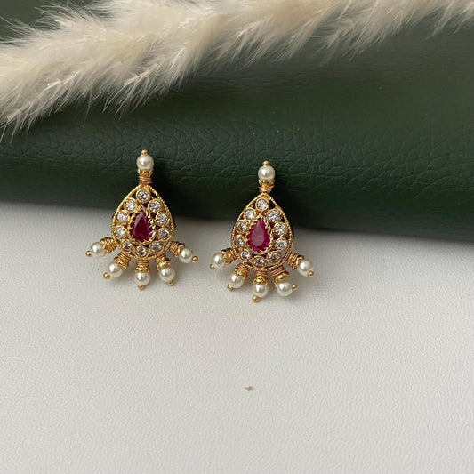Maharashtrian Kudi Earrings: Ruby, Pearl & CZ Gold Plated Earrings
