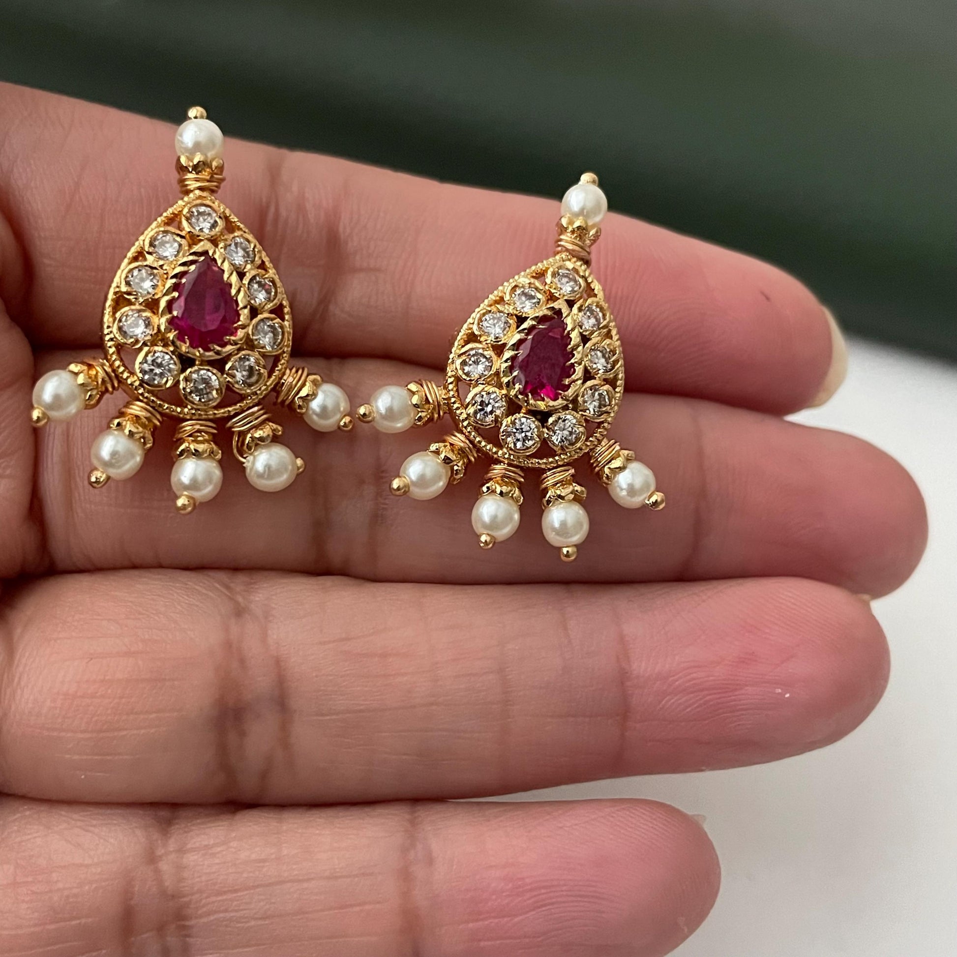 Maharashtrian Kudi Earrings: Ruby, Pearl & CZ Gold Plated Earrings