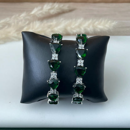 Rhodium Plated emerald and Cubic Zirconia Bangles Set of 2