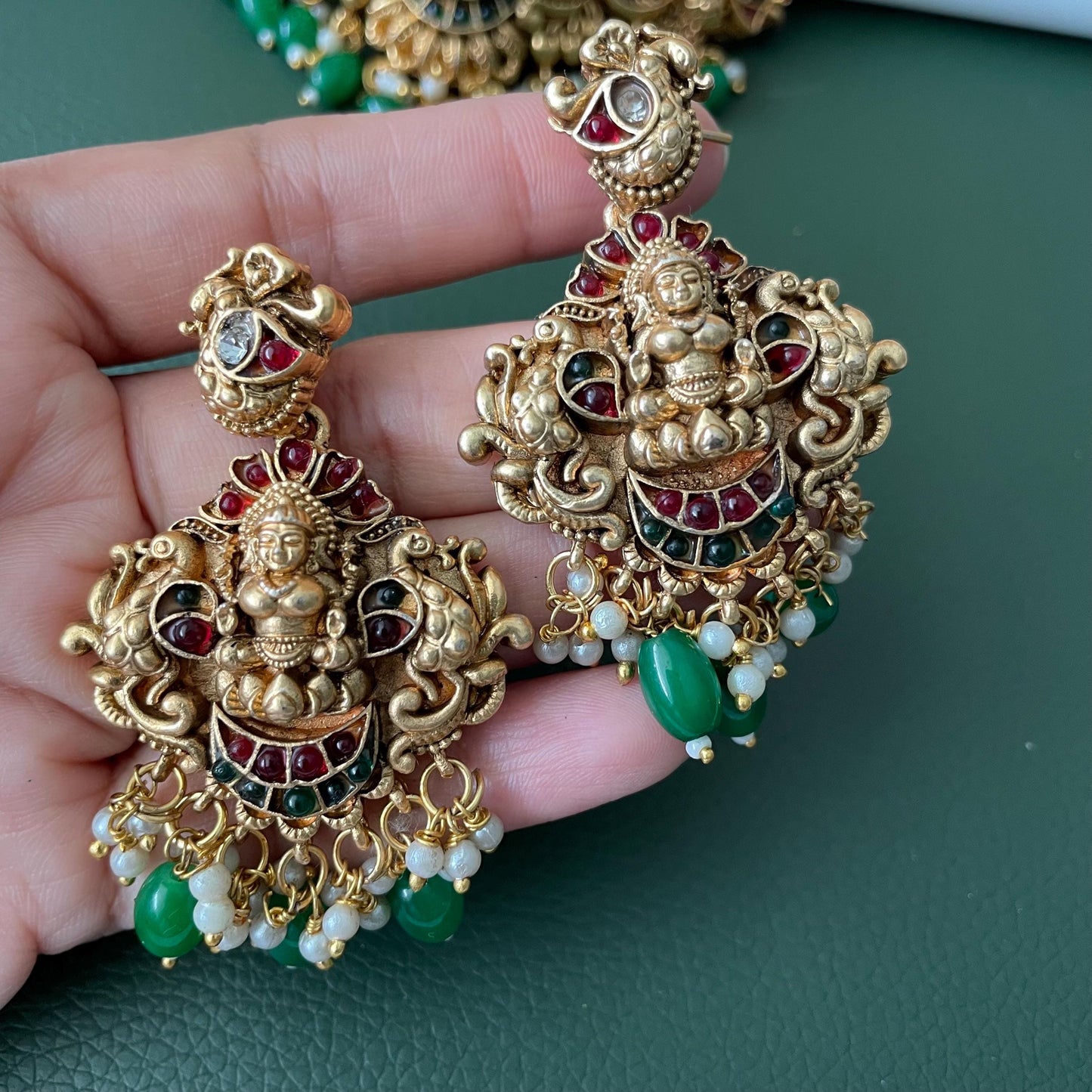 Lakshmi pendent kemp stone antique gold plated choker set with earring in green