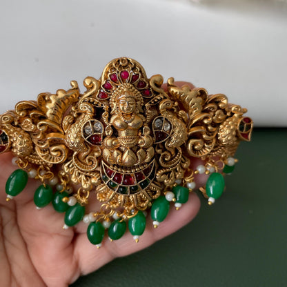 Lakshmi pendent kemp stone antique gold plated choker set with earring in green