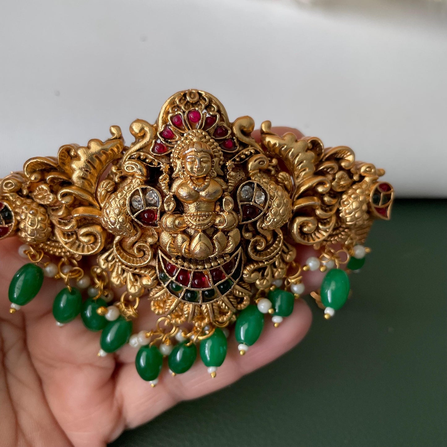 Lakshmi pendent kemp stone antique gold plated choker set with earring in green