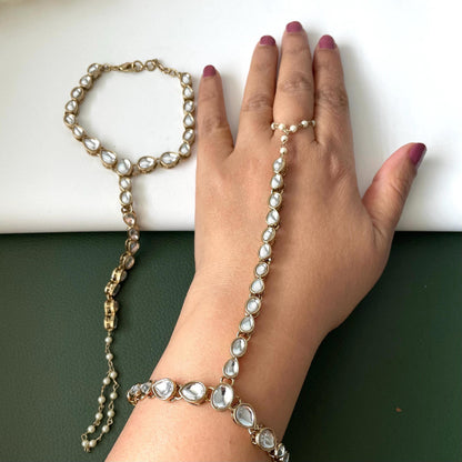 Antique gold colored kundan and pearl haath panja