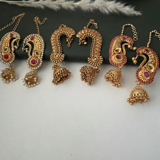 Gold Plated Jhumka Ear Cuffs: Indian Peacock Earrings