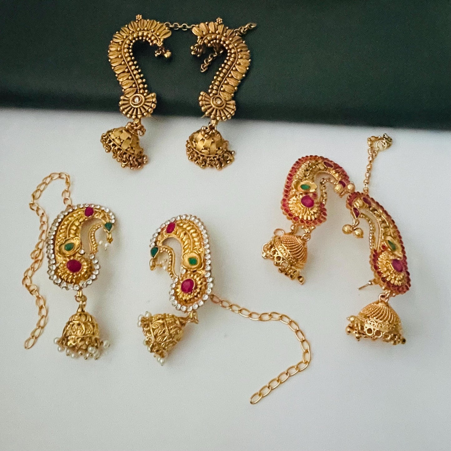 Gold Plated Jhumka Ear Cuffs: Indian Peacock Earrings