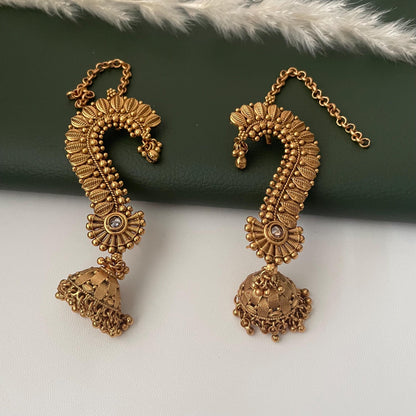 Gold Plated Jhumka Ear Cuffs: Indian Peacock Earrings