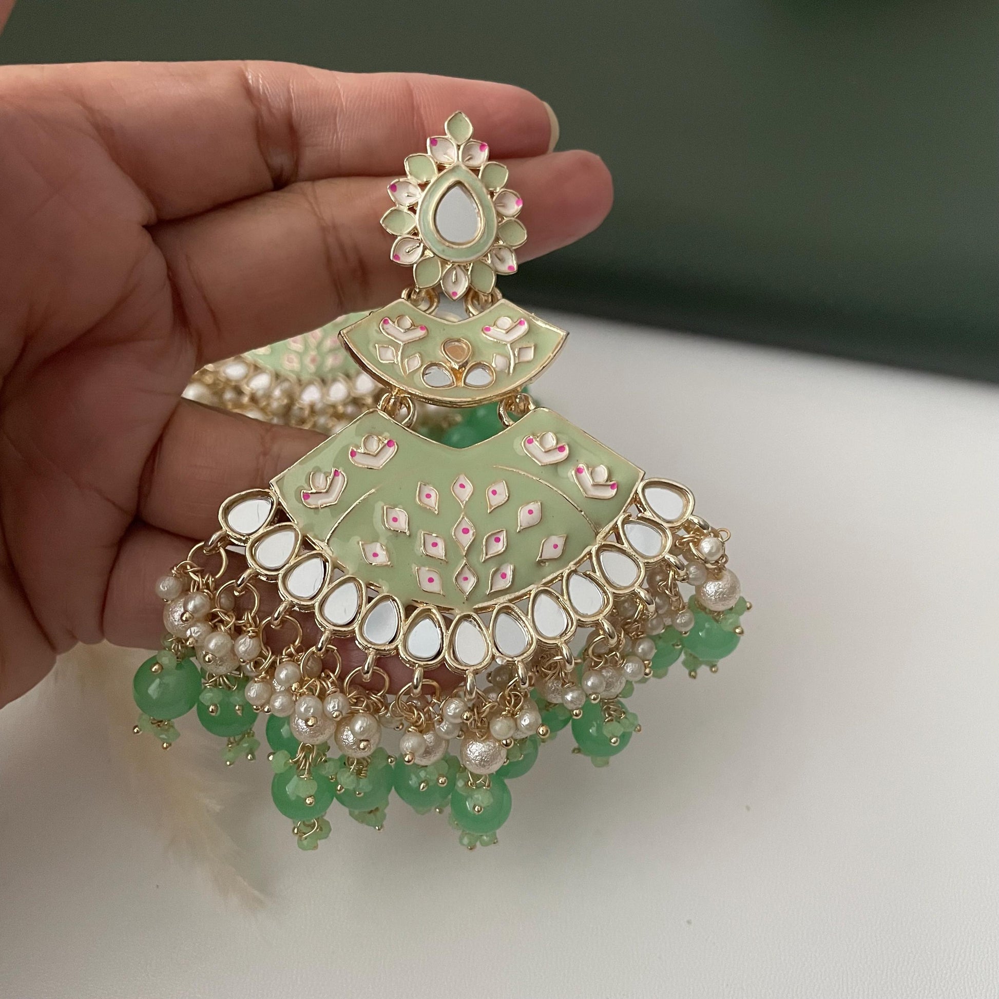 Mint color Minakari Pearl and mint beads Jhumka Earrings: Indian Bollywood Jewelry