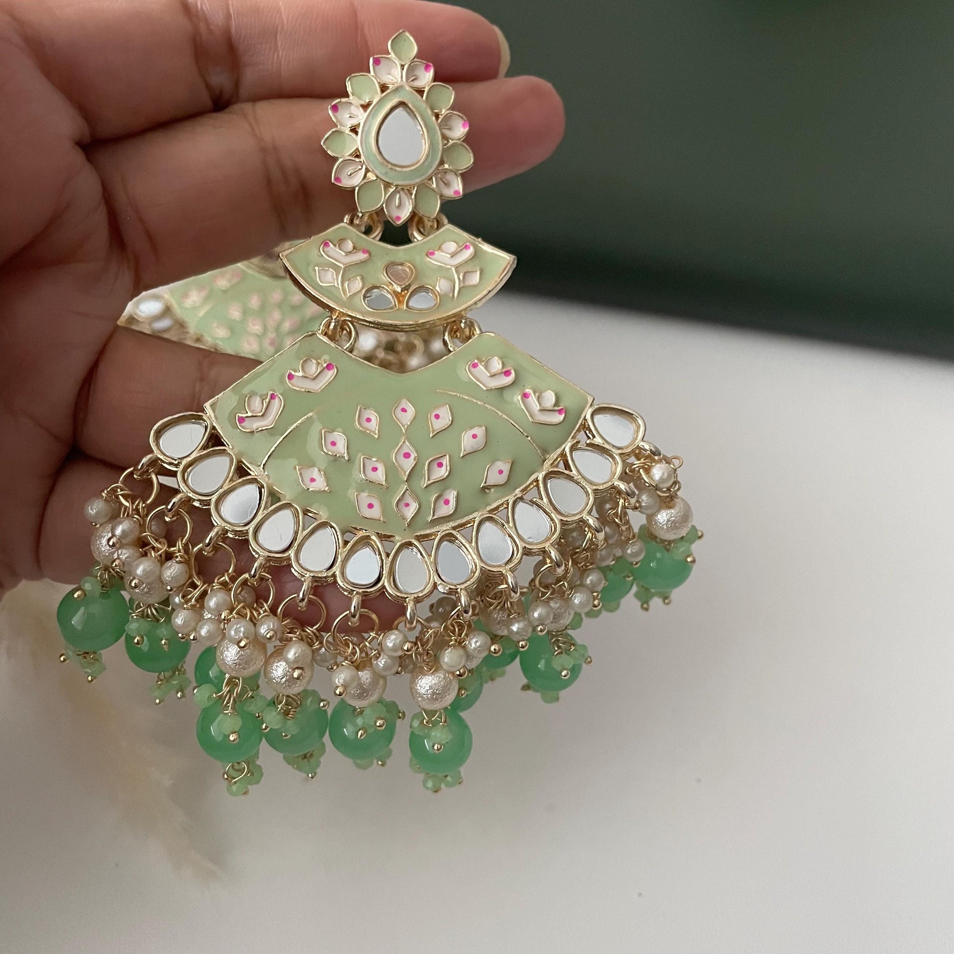 Mint color Minakari Pearl and mint beads Jhumka Earrings: Indian Bollywood Jewelry