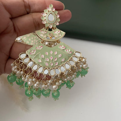 Mint color Minakari Pearl and mint beads Jhumka Earrings: Indian Bollywood Jewelry