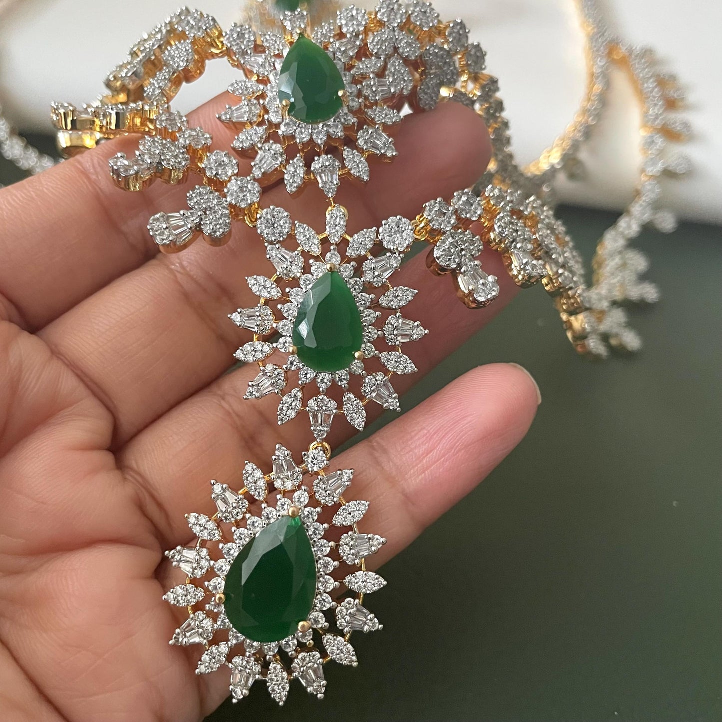 Emerald Cubic Zirconia Bridal Necklace Set: Two-Tone Plated Jewelry
