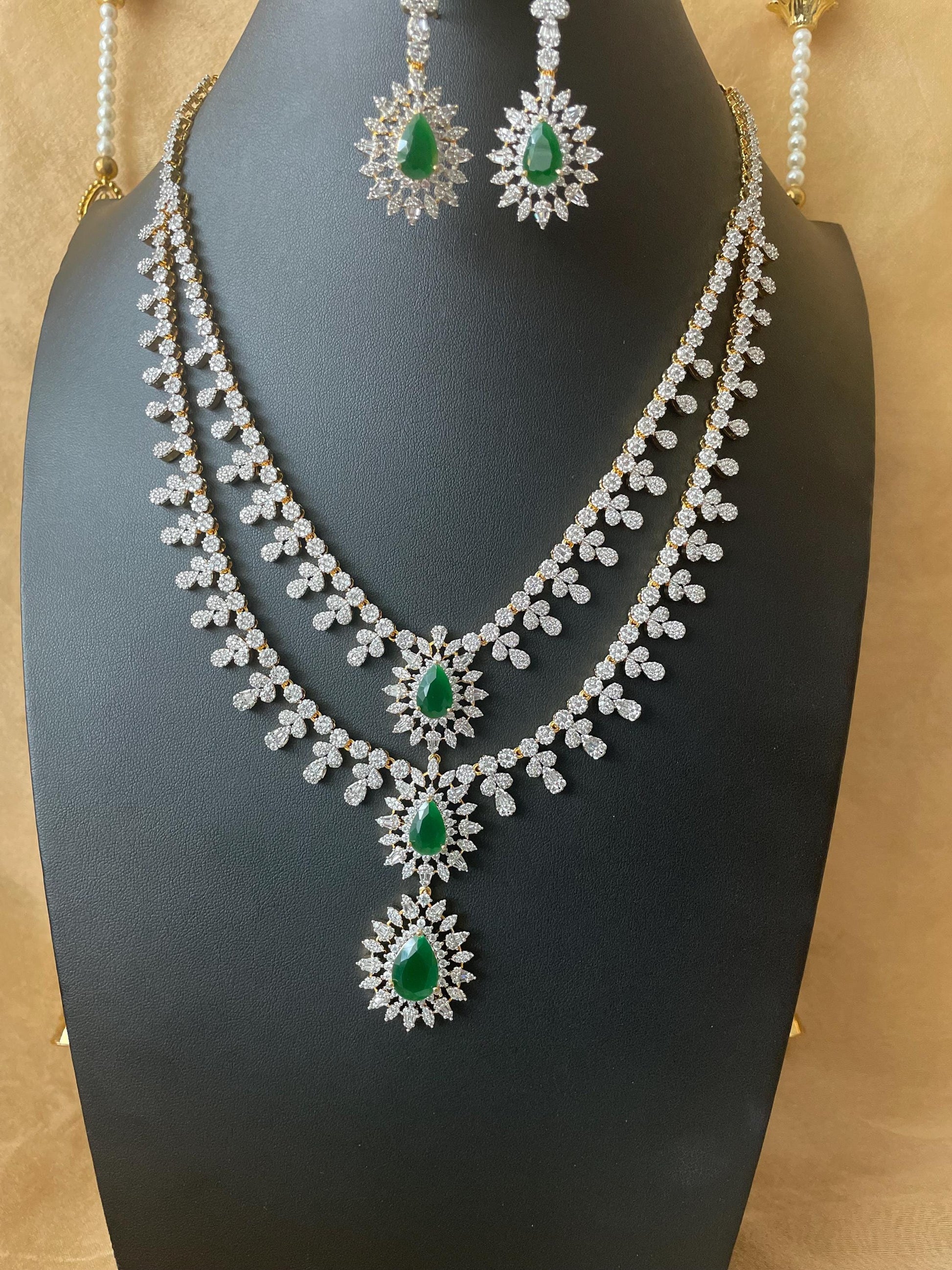 Emerald Cubic Zirconia Bridal Necklace Set: Two-Tone Plated Jewelry