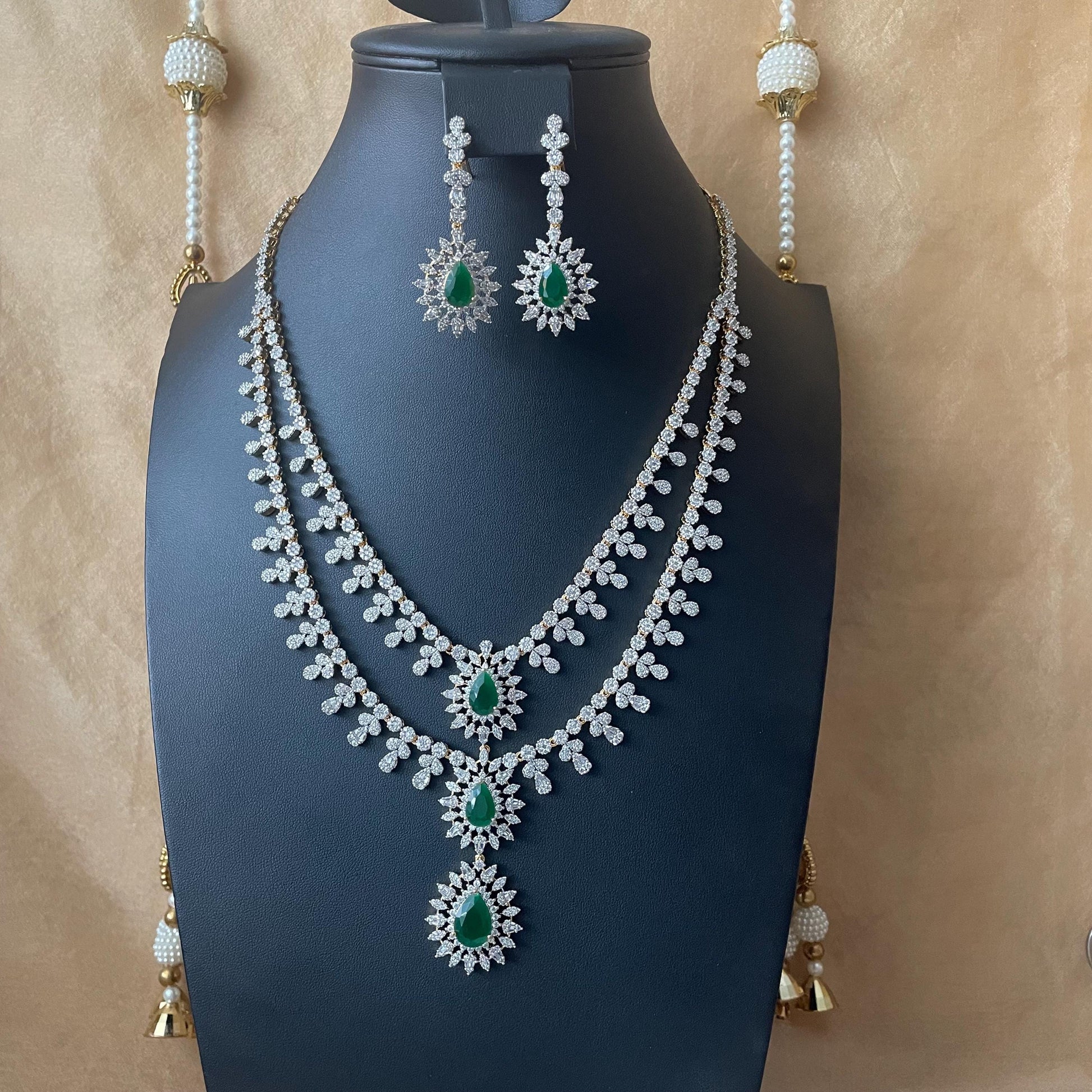 Emerald Cubic Zirconia Bridal Necklace Set: Two-Tone Plated Jewelry