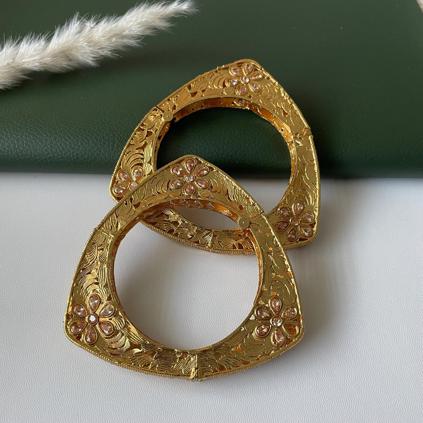 Gold Plated Triangle Bangles: Indian Jewelry, Set of 2