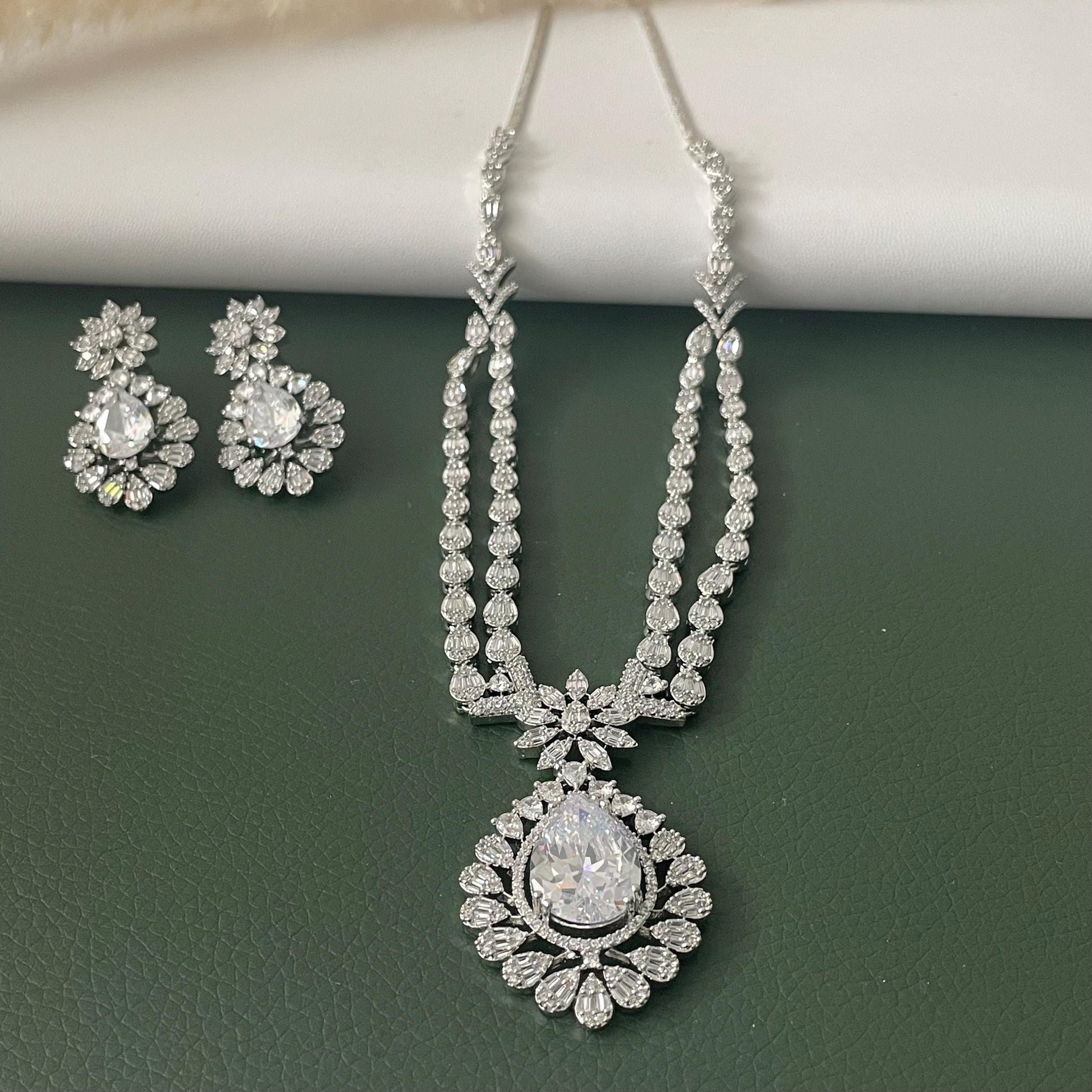 Cubic Zirconia Bridal Necklace Set: Rhodium Plated, Elegant Jewelry