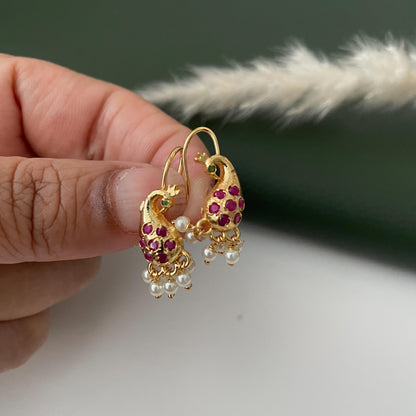 Maharashtrian Bugadi Earrings: Moti, CZ Ruby, Pearl Clip-Ons