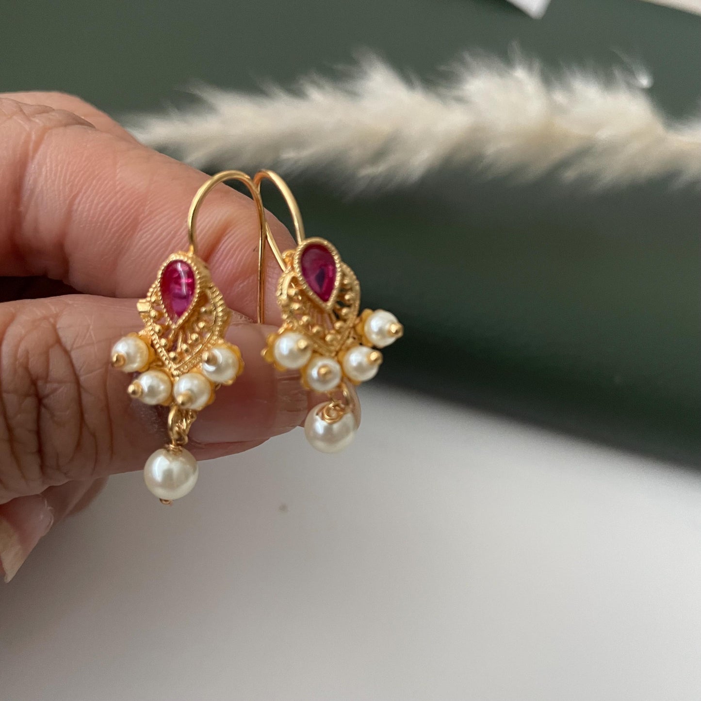 Maharashtrian Bugadi Earrings: Moti, CZ Ruby, Pearl Clip-Ons