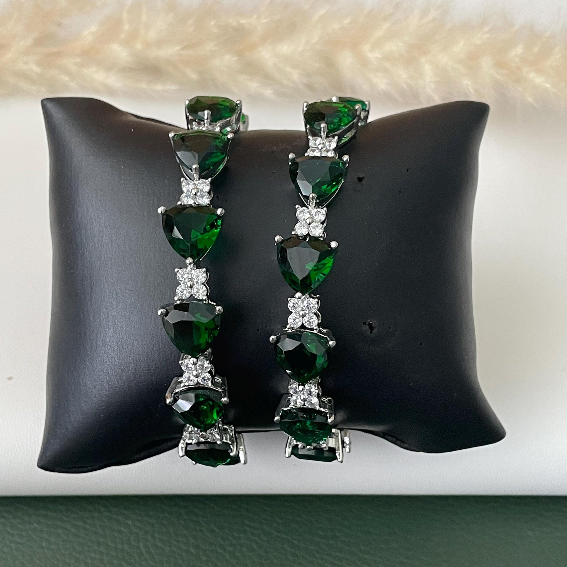 Rhodium Plated emerald and Cubic Zirconia Bangles Set of 2