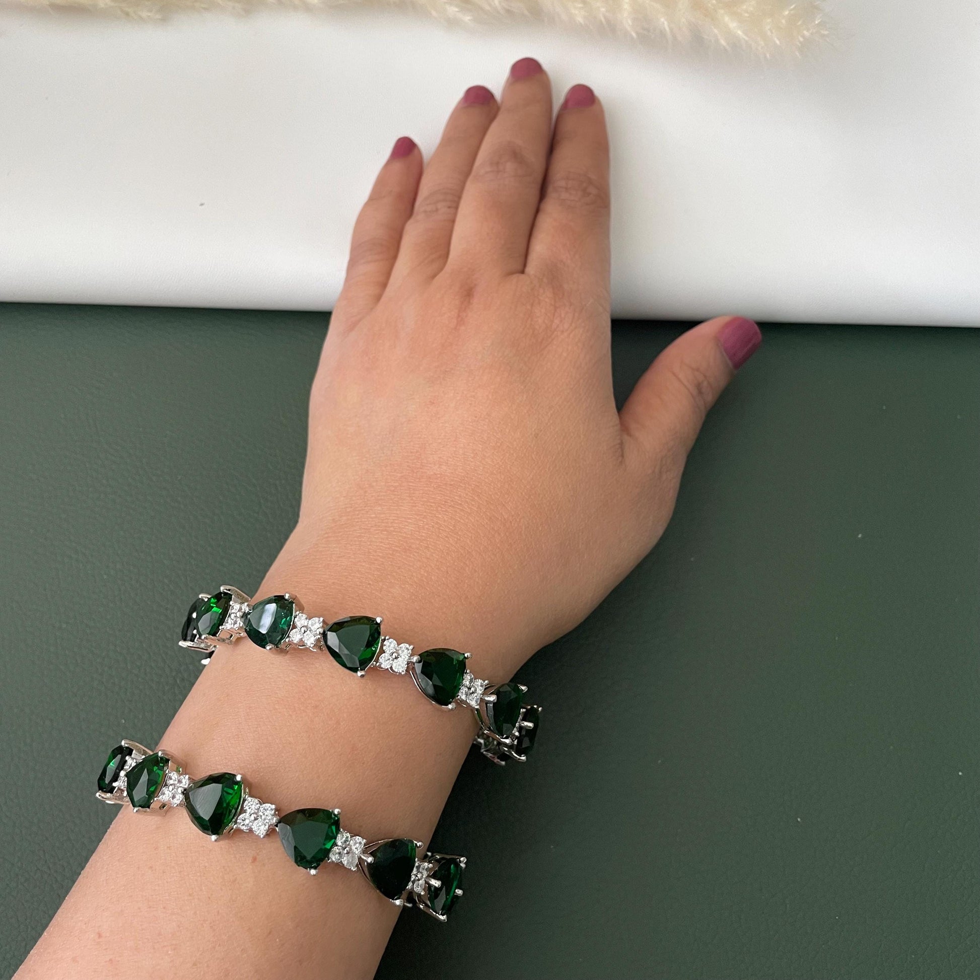 Rhodium Plated emerald and Cubic Zirconia Bangles Set of 2