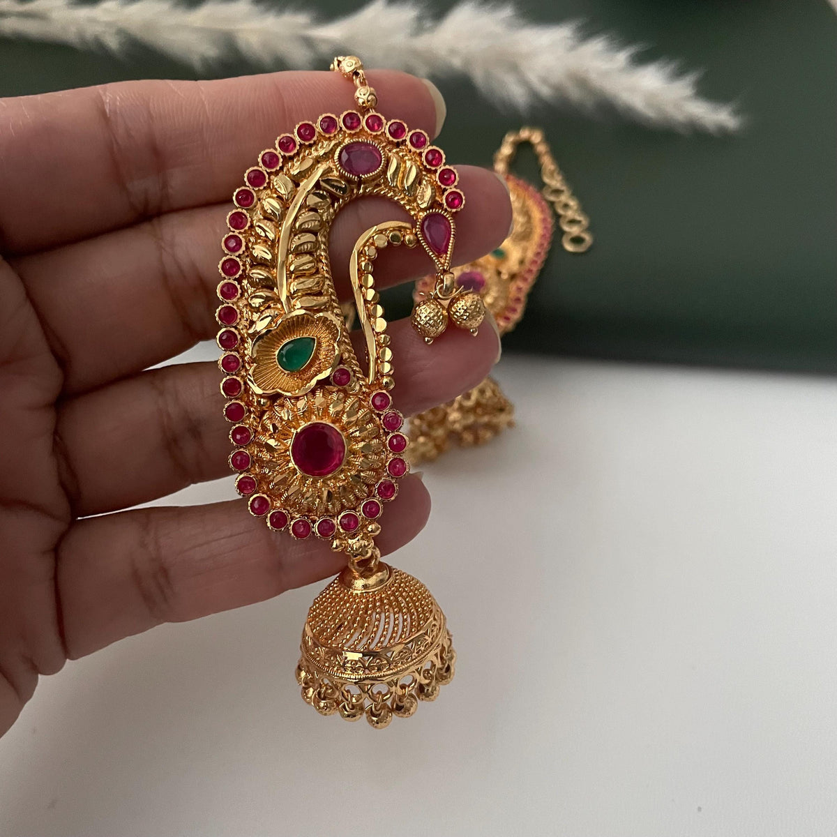 Gold Plated Jhumka Ear Cuffs: Indian Peacock Earrings