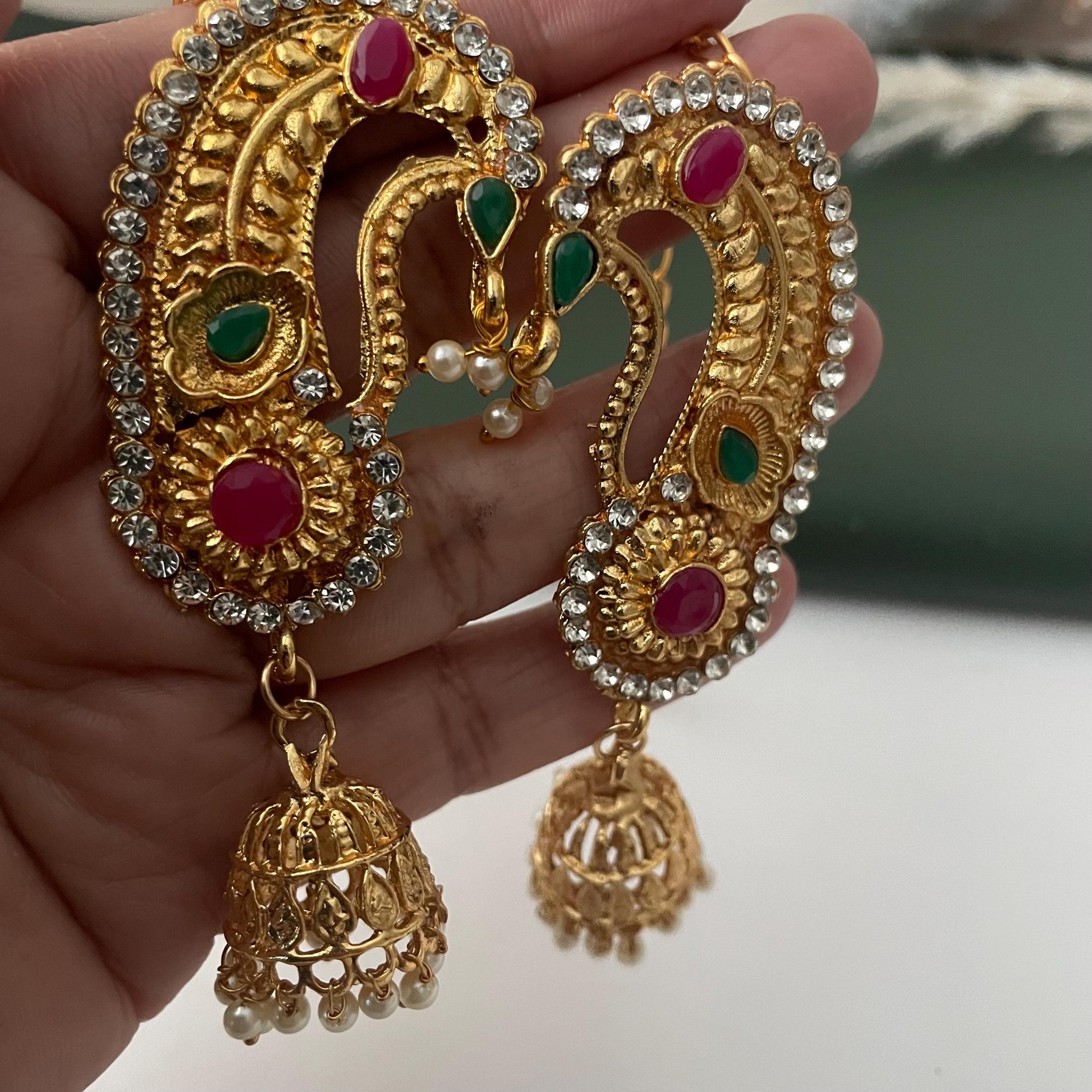 Gold Plated Jhumka Ear Cuffs: Indian Peacock Earrings