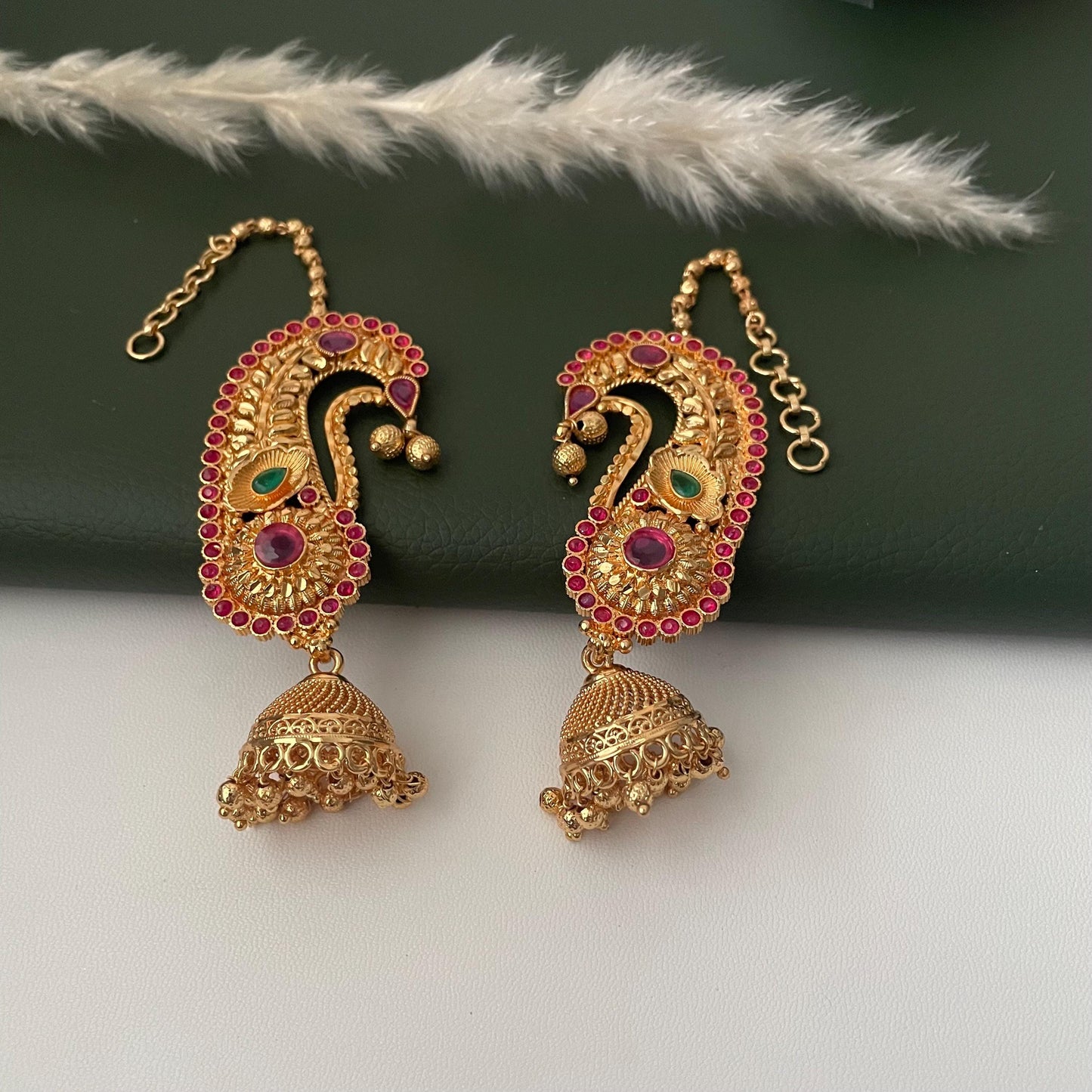 Gold Plated Jhumka Ear Cuffs: Indian Peacock Earrings